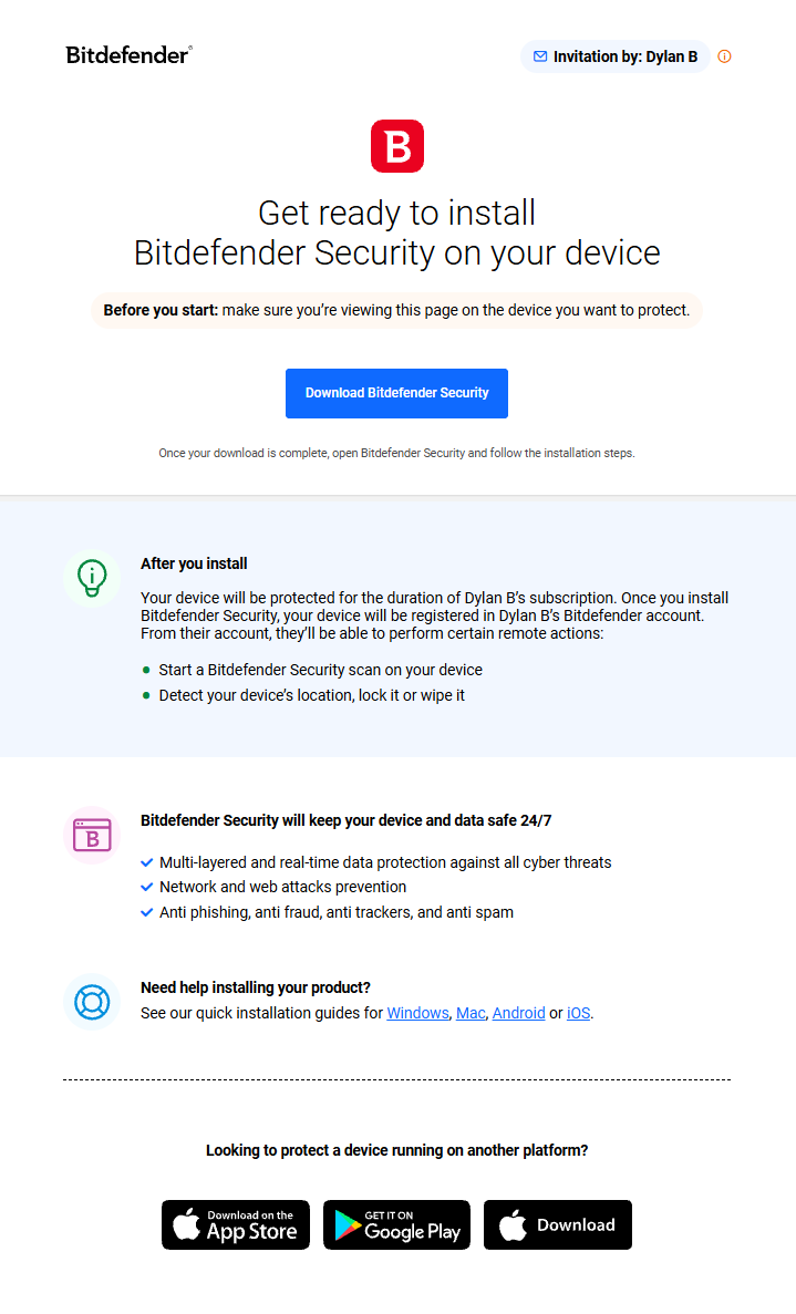 Bitdefender download page with a Download Bitdefender Security button