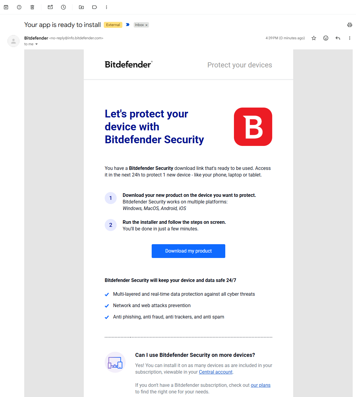 Bitdefender install email with a Download my product button
