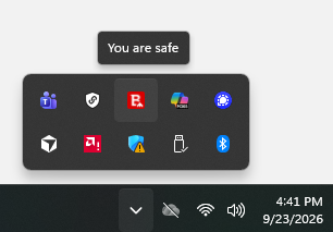 Windows tray showing the Bitdefender icon with a You are safe tooltip