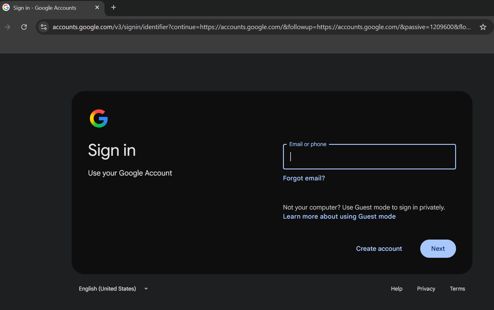 Google sign-in screen at accounts.google.com