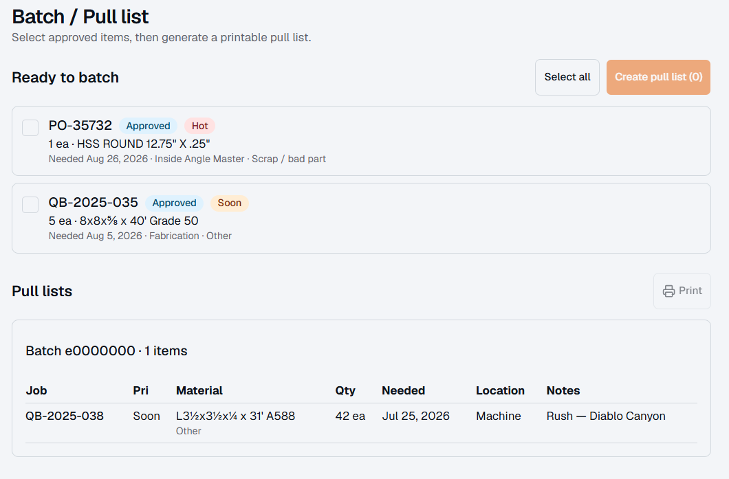 Batch / Pull list screen with Ready to batch items and an existing pull list
