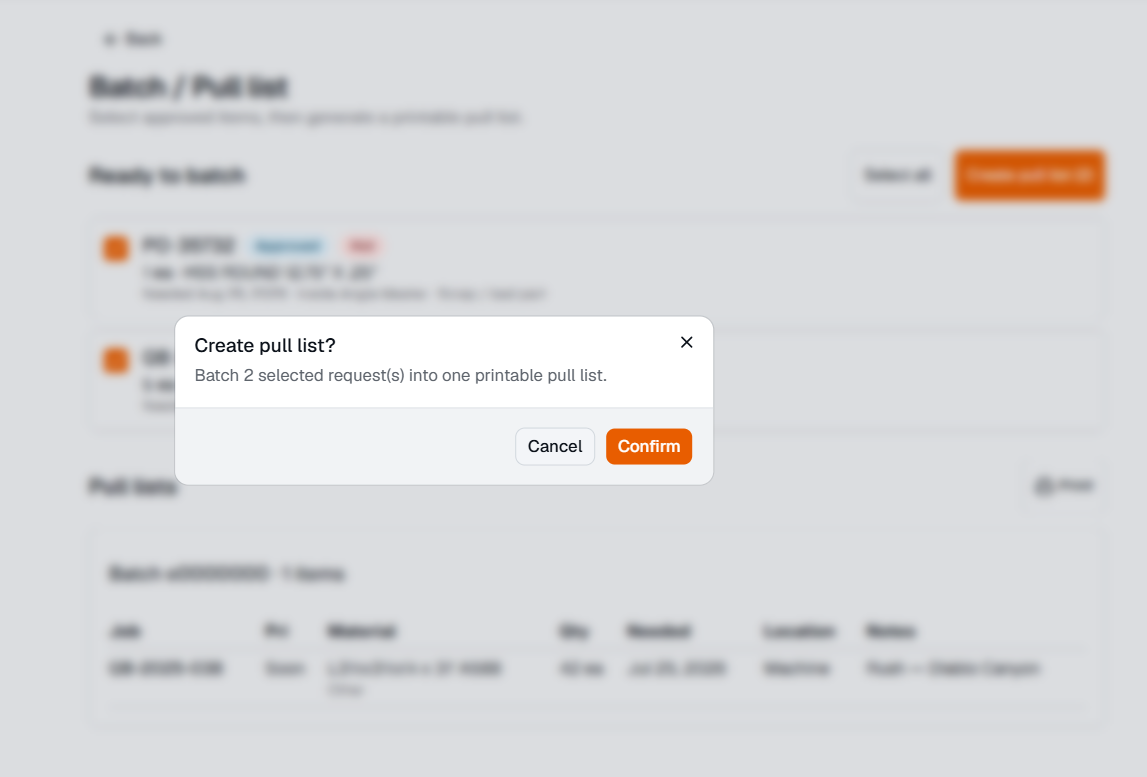Create pull list confirmation dialog over the Batch / Pull list screen