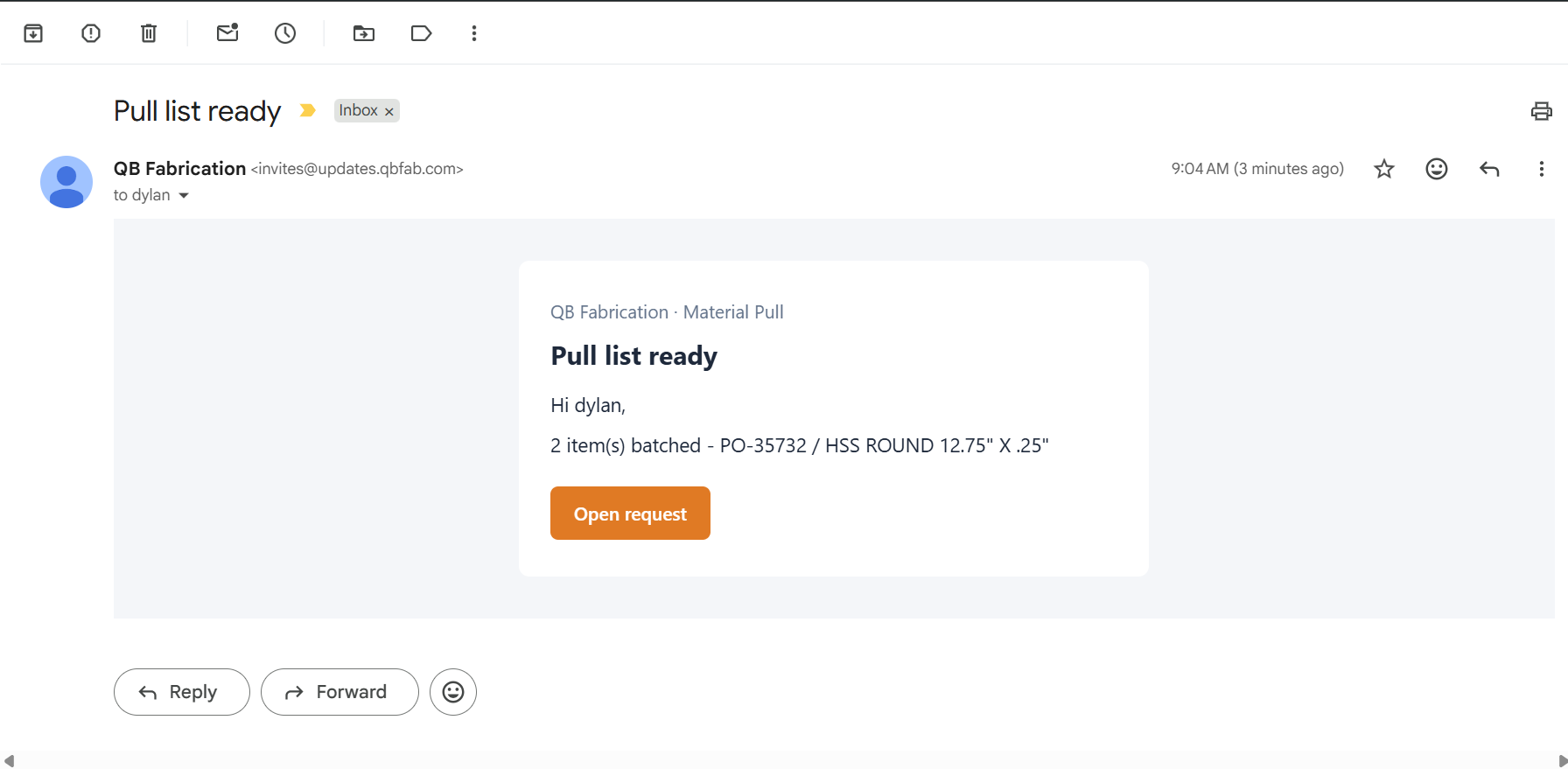 Email from QB Fabrication with subject Pull list ready