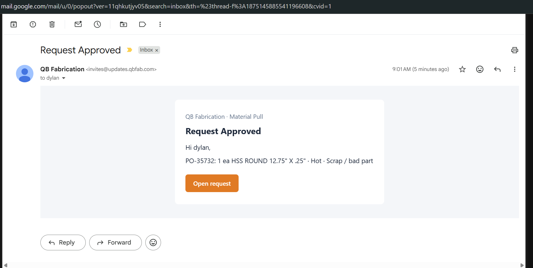 Email from QB Fabrication with subject Request Approved