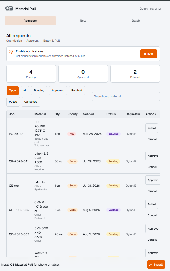 QB Material Pull floor app showing All requests with an Install button